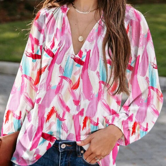 Tops - NWOT Pink Abstract Print V-Neck Long Sleeve Women's Top